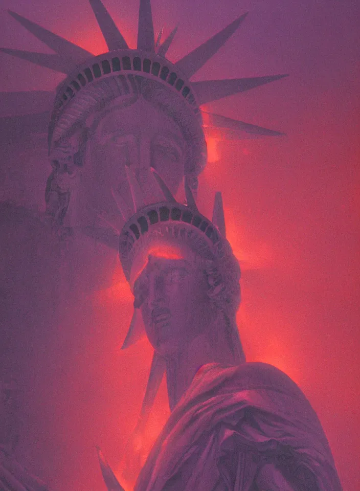 Prompt: beautiful closeup portrait of the statue of liberty in a burning blindfold, red and purple palette, volume light, fog, by ( h. r. giger ) and paul lehr