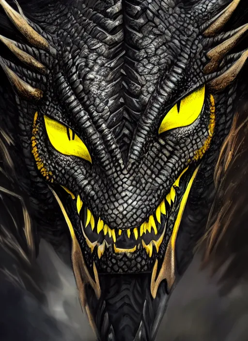 Image similar to closeup portrait of black dragon head with yellow eyes, ultra realistic, fantasy, magic, dnd,