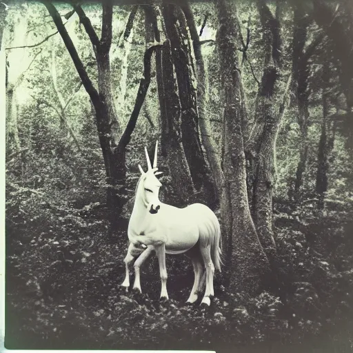 Image similar to polaroid photo of a unicorn! in a forest in the 1 9 6 0 s