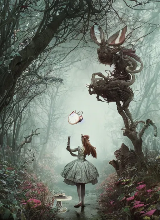 Image similar to Alice in Wonderland hunting White Rabbit,highly detailed,cinematic,8k,by Stanley Artgermm,Tom Bagshaw,Greg Rutkowski,Carne Griffiths, Ayami Kojima, Beksinski, Giger,trending on DeviantArt,hyper detailed,horror, full of colour