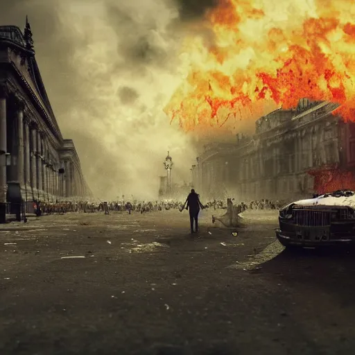 Image similar to a wide shot concept art of a zombie apocalypse in london town outside buckingham palace, 1 0 0's of zombies, smoke, fire, apocalyptic style image, smashed up cars, dead body's on the ground, blood, hyper detailed, illustration, digital art, featured on artstation, award winning image, unreal engine 7 render, 8 k, masterpeice