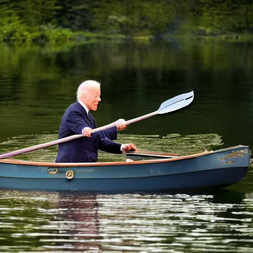 Prompt: 8k Photograph of Joe Biden in a rowboat on a lake. Dramatic. National Geographic.