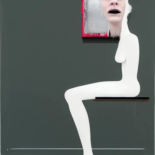 Image similar to portrait of a morphed gamer sitting on a stool looking into a mirror doing makeup by james jean and luc tuymans and beeple and hernan bas and pat steir and hilma af klint, psychological, 3 d, dripping paint, monochrome, high quality render, masterpiece