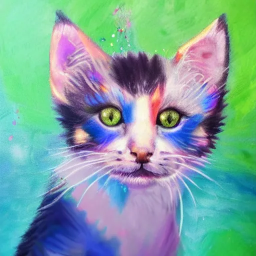 Image similar to Portrait of a realistic magical kitten with an abstract paint splash background