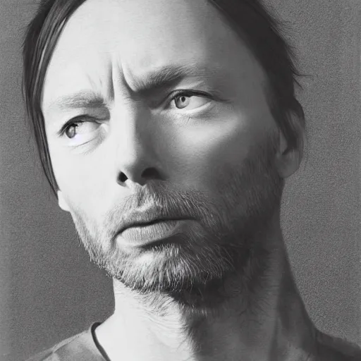 Prompt: thom yorke singer songwriter 2 0 0 1, ultrafine detail, hyper realistic face, beautiful eyes, thom yorke, chiaroscuro, associated press photo, eyes reflecting into eyes reflecting into infinity, thom yorke