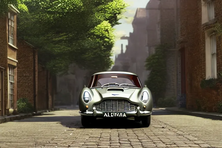 Image similar to a wholesome animation key shot of one short - wheelbase aston martin db 5, in a rich london mews residential street, miniature, waist height, medium range, studio ghibli, ( pixar ) and disney animation, sharp, very detailed, unreal engine 5 render, bloom, high resolution, anime key art by greg rutkowski