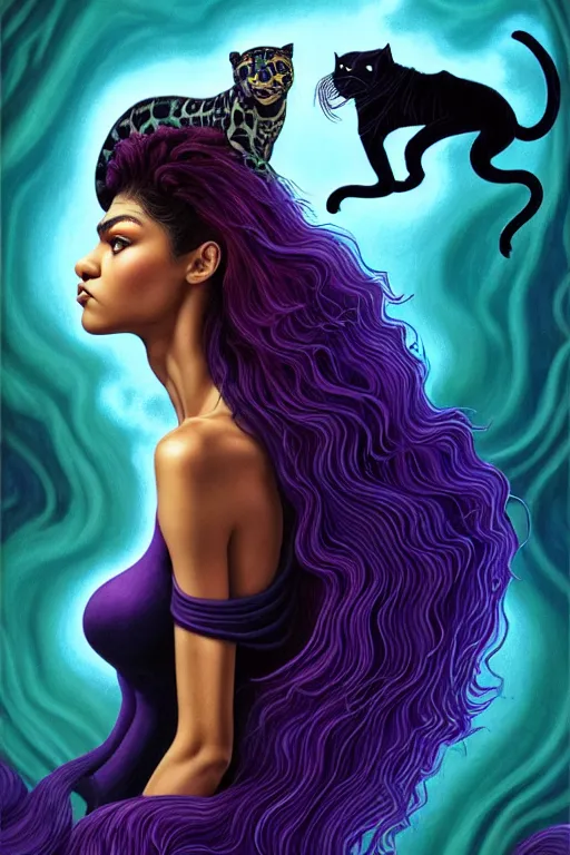 Image similar to zendaya with wavy dark purple hair coming out of the abyss with a panther on her shoulder, ultrafine hyperrealistic fantasy oil painting, art by ida outhwaite and loish, trending on artstation, dungeons and dragons, magic the gathering, intricate linework, sharp focus, smooth, unreal engine, dramatic lighting, 8 k,