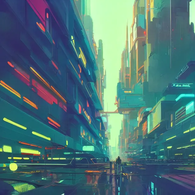 Prompt: a beautiful painting of a 7 0 s sci - fi city by sachin teng and pascal blanche and ruan jia and greg rutkowski. in style of futurism art. ( ( colorful comic ) ), film noirs, brush stroke, vibrating colors, hyper detailed. 4 k texture. octane render. trending on artstation