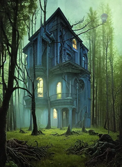 Image similar to hyper realistic witchy modern gothic house with mood lighting and tech in the woods gorgeous lighting, sunbeams blue sky, highly detailed, lush forest foliage painting by zdzisław beksinski and norman rockwell and greg rutkowski weta studio, and lucasfilm