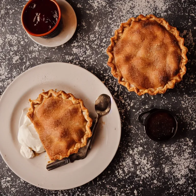 Image similar to photo of apple pie on a table in a dessert shop in new york city, photorealistic, ultra realistic, maximum detail, foreground focus, 8k, volumetric light, cinematic, octane render, food photography, recipes.com, epicurious, instagram