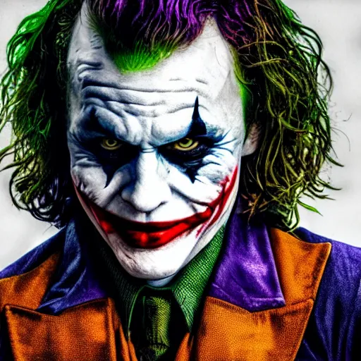 Image similar to heath ledger\'s joker, joke, very joker, the joker, the dark knight joker, very very joker, batman joker, realistic, photorealistic, high-resolution, 4k, 8k, sigma art 85mm f1.4, high contrast, large sensor dslr, professional photo, the joker, joker