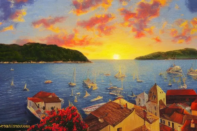 Prompt: Croatian coastline, small port village, sailing boats, golden hour, Bob Ross painting, trending on interfacelift