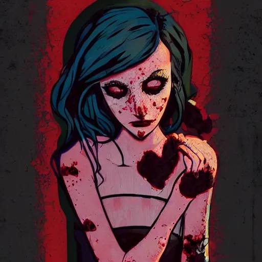 Image similar to Highly detailed portrait of pretty punk zombie young lady with, freckles and beautiful hair by Atey Ghailan, by Loish, by Bryan Lee O'Malley, by Cliff Chiang, inspired by image comics, inspired by graphic novel cover art, inspired by izombie !! Gradient red, black and white color scheme ((grafitti tag brick wall background)), trending on artstation