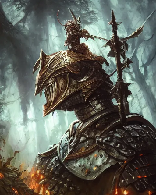 Image similar to Huge fishheaded warrior in armor, portrait, woodlands, magic the gathering artwork, D&D, fantasy, cinematic lighting, centered, symmetrical, highly detailed, digital painting, artstation, concept art, smooth, sharp focus, illustration, volumetric lighting, epic Composition, 8k, art by Akihiko Yoshida and Greg Rutkowski and Craig Mullins, oil painting, cgsociety