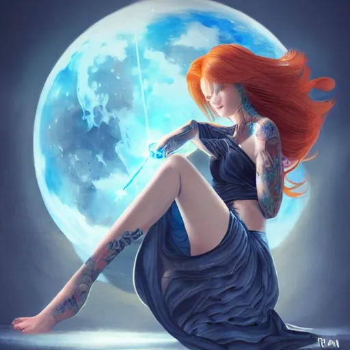 Image similar to a full body photo portrait of a beautiful tattooed redhead woman sitting, carrying a laser gun, a planet in the background. blue dress, light iridescent hair color, long windy hair style, fantasy, realistic, intricate, sharp focus, lens flare, bloom, rim light, illustration, highly detailed, digital painting, concept art, matte, art by ruan jia