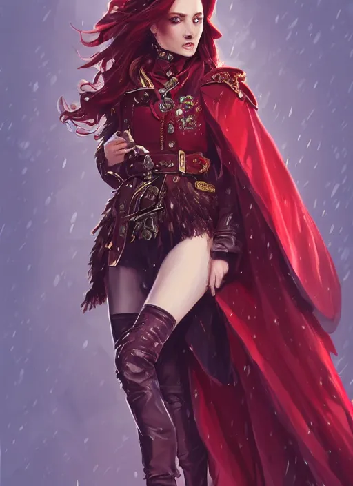 Prompt: a highly detailed illustration of beautiful long dark red haired woman wearing wine red epaulette uniform and coat cape, dramatic smiling pose, intricate, elegant, highly detailed, centered, digital painting, artstation, concept art, smooth, sharp focus, league of legends concept art, wlop