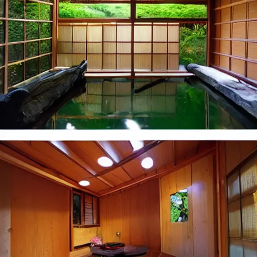 Image similar to inside a wooden Japanese house with a indoor koi pond, bonsai trees, stream flowing through the house, large wall aquarium with unseen marine life, peaceful, calm, atmospheric