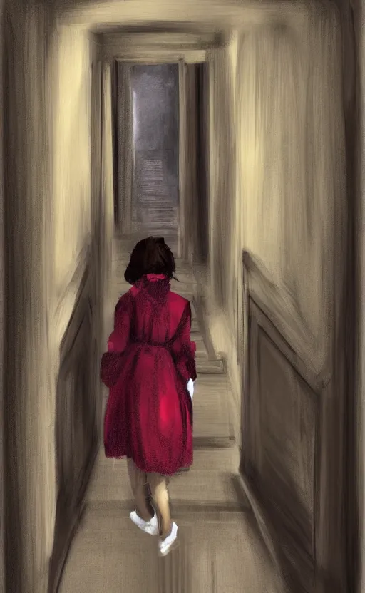 Prompt: servant girl walking in castle hallway, about to enter doorframe, half turned around, full body, realistic, digital painting