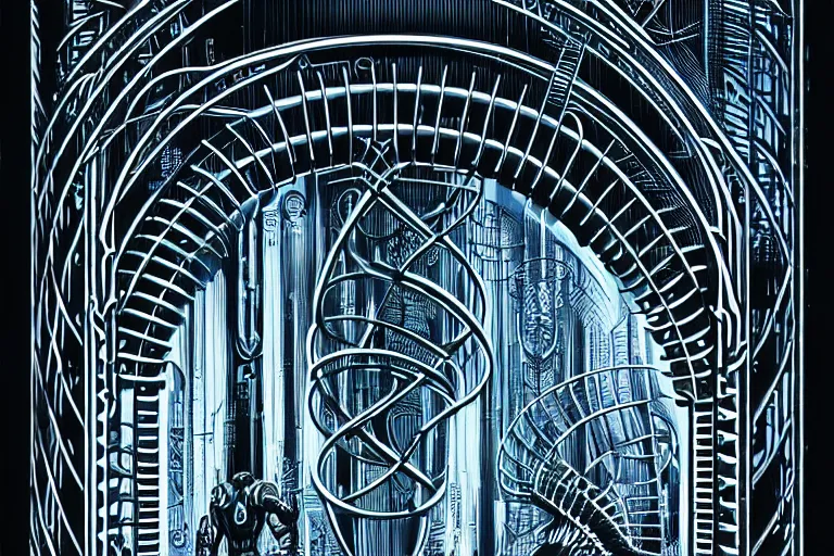 Image similar to a double helix dna cyberpunk steampunk carved archway, art deco high details, lineart, by vincent di fate and joe fenton, inking, screen print, masterpiece, trending on artstation, sharp, high contrast, hyper - detailed, ultrawide, hd, 4 k, 8 k