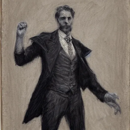 Prompt: action hero mage in suit and tie raising his arm and channeling light magic, by alfred stevens in charcoal