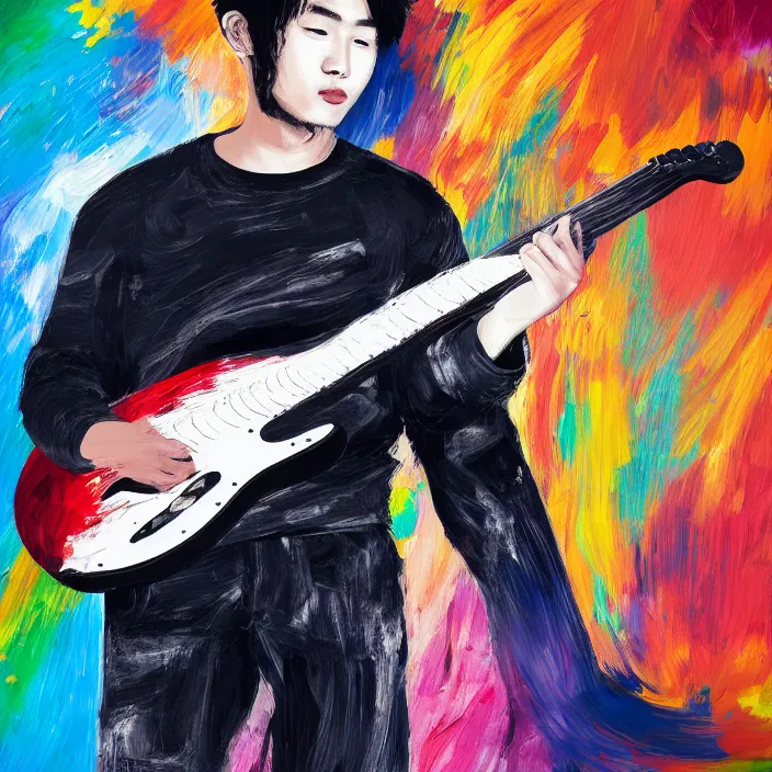 Prompt: abstract large swirly brush strokes painting of a young korean man wearing black low neck t shirt holding a telecaster!!! electric guitar!!, candid!! dark background, huge thick flowing dramatic brush strokes, matte colors, abstract, emotional masterpiece, impressionist, trending on artstation