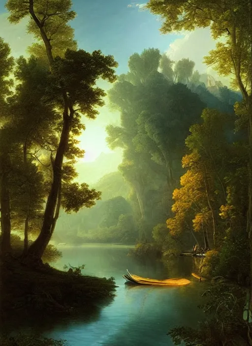 Prompt: the serene river, light shafts, stunning atmosphere, a boat, naturalistic art by asher brown durand, inspired by peter mohrbacher