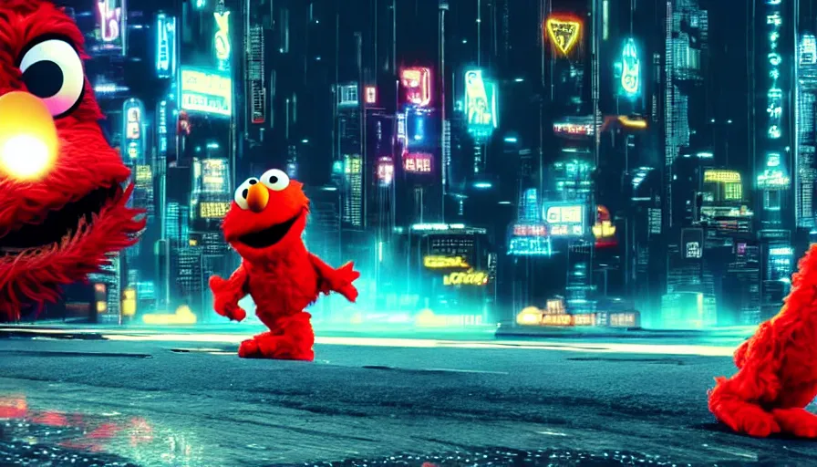 Prompt: elmo performs a driveby in cyberpunk night city
