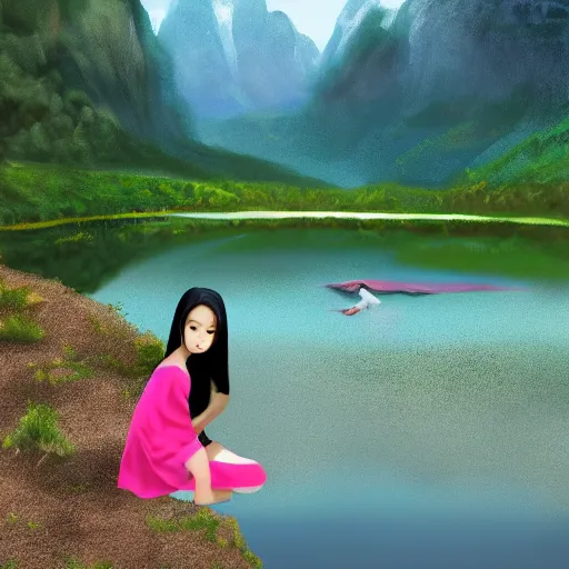 Prompt: Young girl, wearing Inka clothes, wings for arms, bird legs, sad expression, sitting at a pond, mountainous area, trees in the background, digital art