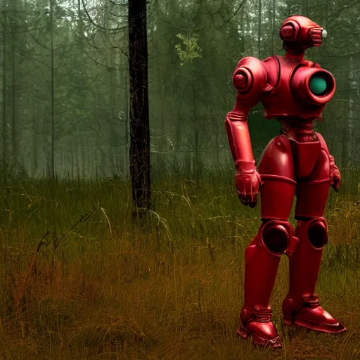 Image similar to Power armor from the company core-cola, red color, stands against the background of a radioactive forest, graphics, fallout 4 render, 3d computer render, maximum details, rain, night, spotlight,