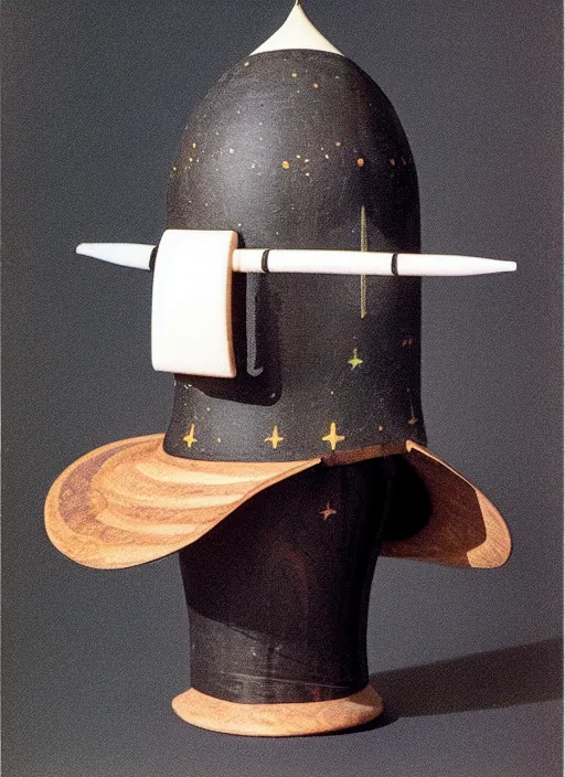 Image similar to realistic photo of a a medieval ritual astronomy appliance hat, made of wood white clay black plastic 1 9 9 0, life magazine reportage photo, natural colors, metropolitan museum collection