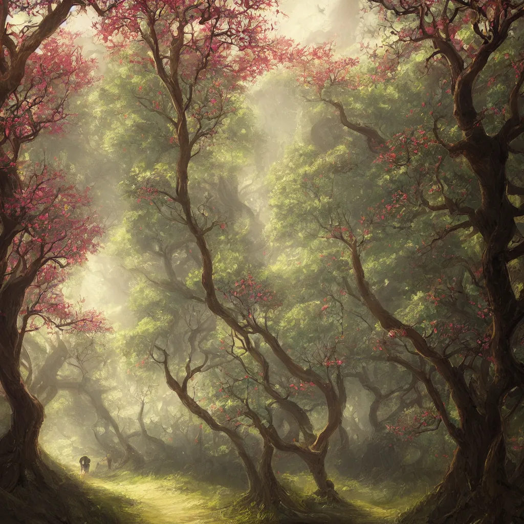 Prompt: a painting of a path leading to a mystical forest full of wonders, apple trees, magical atmosphere, trending on artstation, 30mm, by Noah Bradley