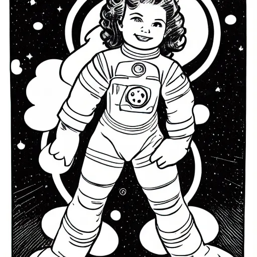 Prompt: clean simple line art of a little girl with wavy curly hair floating in space. she is an astronaut, wearing a space suit. white background. well composed, clean black and white line drawing, beautiful detailed face. illustration by steve ditko and jack kirby and alphonse mucha