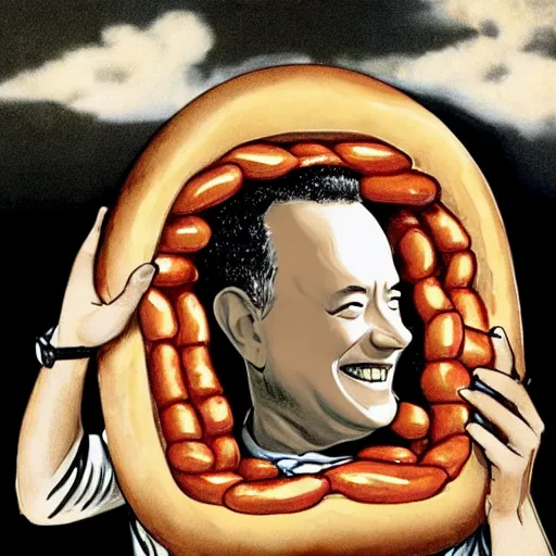 Prompt: tom hanks emerging from a giant hot dog, goya,