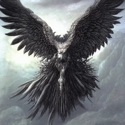 Image similar to griffon concept art, eagle head, lion body, eagle wings, beksinski