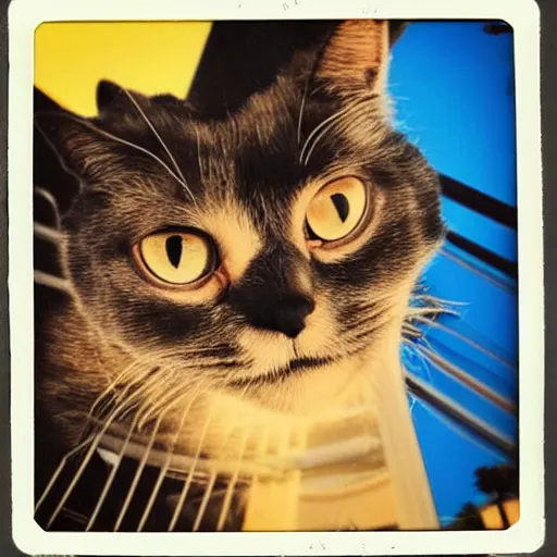 Image similar to happy black cat on a rollercoaster looping. focus on the cat. sunlight. polaroid photo. vivid colors.