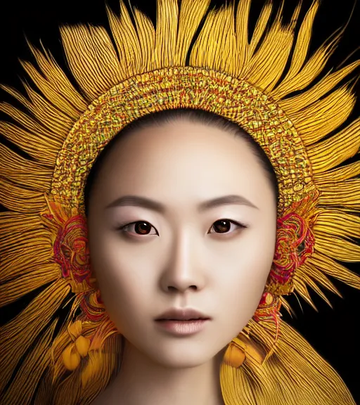 Image similar to hyper realistic portrait photo of beautiful ameterasu the sun goddess of japan, japanese model, portrait shot, intricate detail, glittering sun rays