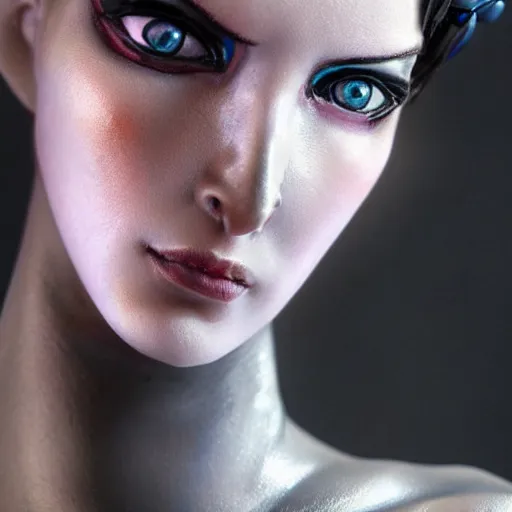 Image similar to ultra realistic painted sculpture of a beautiful cyberpunk woman. waxwork. cinematic makeup. detailed lifelike