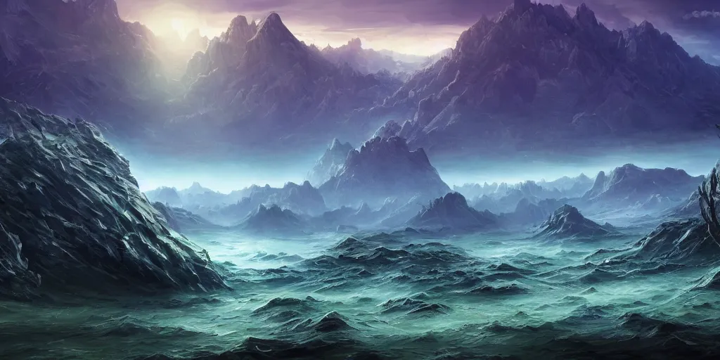 Prompt: The eldritch underwater landscape with mountains in the background, Sci-Fi fantasy desktop wallpaper, painted, 4k, high detail, sharp focus