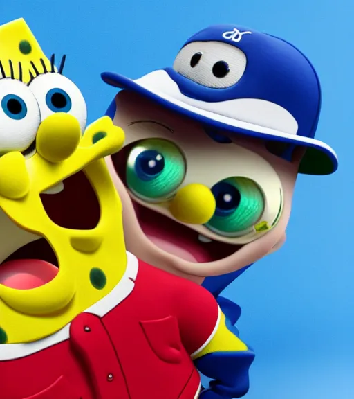 Image similar to Spongebob wearing a puffer jacket and a baseball cap, 3D model, clean background, studio lighting, 30mm