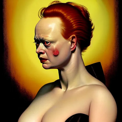 Image similar to dramatic upper body portrait of Thora Birch as baron harkonnen by norman rockwell and boris vallejo, artstation, concept creature character art