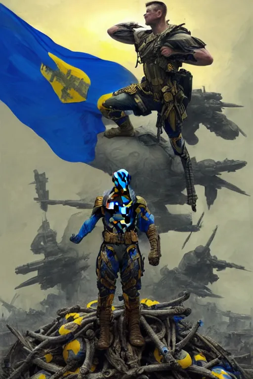 Image similar to A super soldier with Ukrainian blue and yellow flag is standing on a pile of skulls, Call of Duty, marvel, dark, intricate, highly detailed, smooth, artstation, digital illustration by Ruan Jia and Mandy Jurgens and Artgerm and Wayne Barlowe and Greg Rutkowski and Zdislav Beksinski