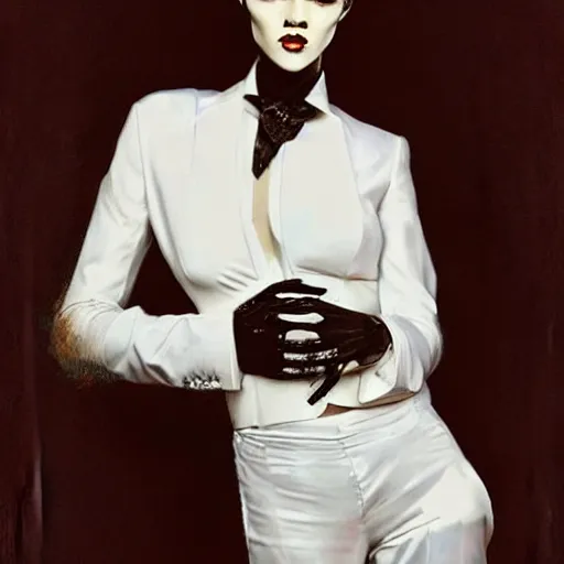 Image similar to stunning portrait of androgynous ruby rose as desire from sandman in a white tuxedo!!!, rockabilly style, by frank moth, by alphonse mucha, by jeremy mann, by peter lindbergh, dave mckean, white suit and black tie, soft lightning, high detailed, 8 k