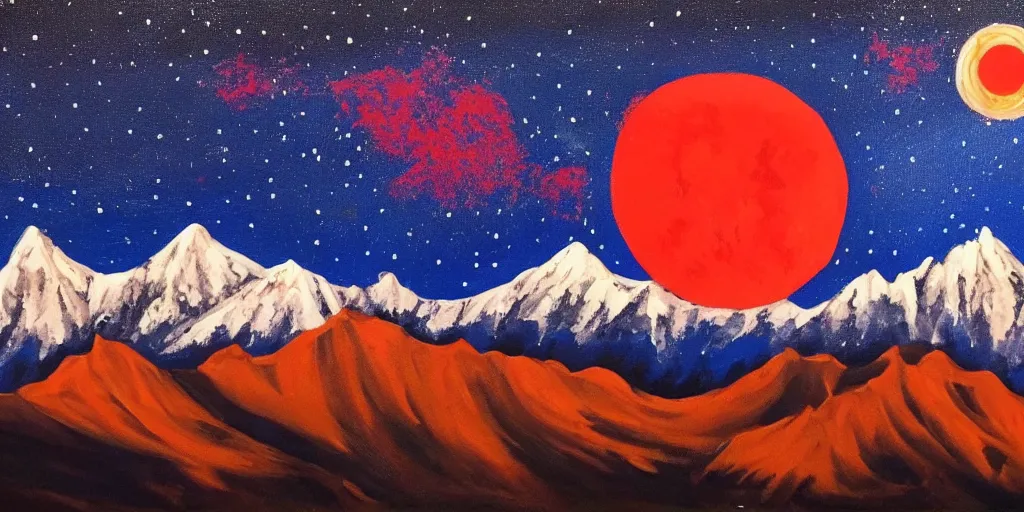 Prompt: 8k painting of Kashmir landscape with red moon and starry night in the background, icy mountains in the background