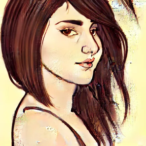 Image similar to chubby brunette woman with straight hair in a short bob, round face, romanian heritage, brown eyes, olive skin, bulbous nose, big chin, no bangs, digital art, cartoon, 8k, illustration, art nouveau, Alphonse Mucha, trending on artstation, medium shot, head shot