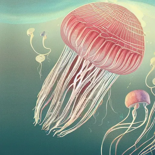 Prompt: hyperdetailed modern childrenbook illustration of a huge transparent!!! rose and white and transparent jellyfish, made of silk in the fashion of marie antoinette, with an embedded steam engine, floating in the ocean. seen from the distance. transparent soft natural textures. matte background