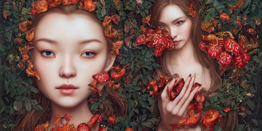 Prompt: breathtaking detailed concept art painting of the girl with rafflesia arnoldii flowers, saint, with anxious, piercing eyes, ornate background, amalgamation of leaves and flowers, by Hsiao-Ron Cheng, James jean, Miho Hirano, Hayao Miyazaki, extremely moody lighting, 8K