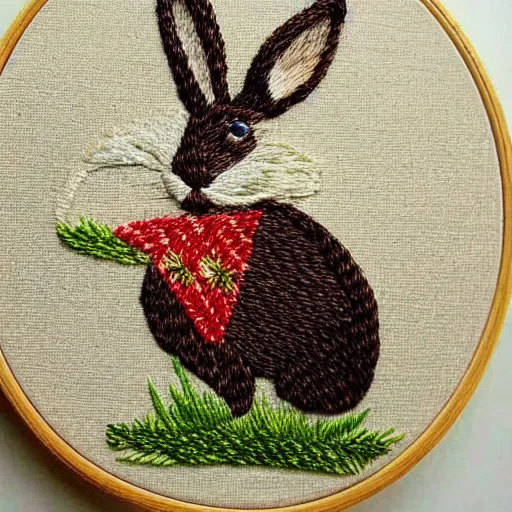 Image similar to a tiny beautiful handmade embroidery of a rabbit. hand embroidery.