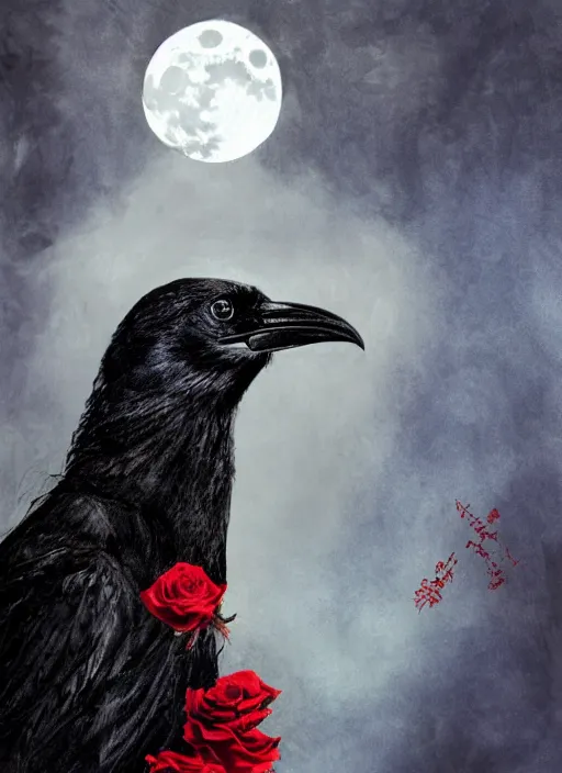 Image similar to portrait, A crow with red eyes in front of the full big moon, book cover, red roses, red white black colors, establishing shot, extremly high detail, foto realistic, cinematic lighting, pen and ink, intricate line drawings, by Yoshitaka Amano, Ruan Jia, Kentaro Miura, Artgerm, post processed, concept art, artstation, matte painting, style by eddie mendoza, raphael lacoste, alex ross