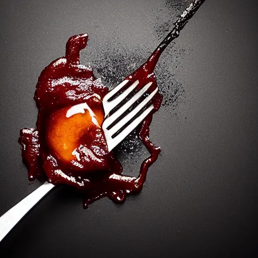 Image similar to beautiful viscous honey dripping on fork made of crimson - black metal, hyper realistic, award winning slow - motion food photography