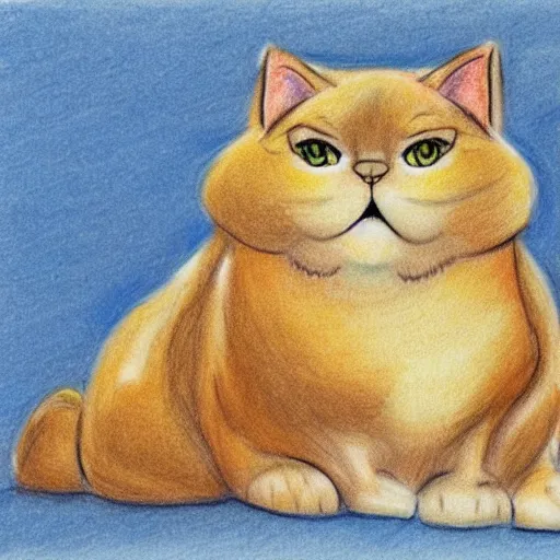 Image similar to chubby persian cat, drawing by Don Bluth, children's colored pencil drawing